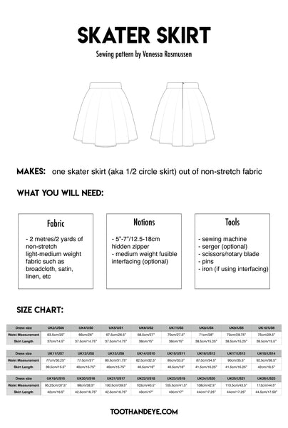 Skater Skirt - Free Sewing Pattern US00-22/UK2-26 Tooth and Eye Skater Skirt - Free Sewing Pattern US00-22/UK2-26 Tooth and Eye
