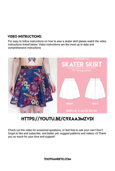 Skater Skirt - Free Sewing Pattern US00-22/UK2-26 Tooth and Eye Skater Skirt - Free Sewing Pattern US00-22/UK2-26 Tooth and Eye